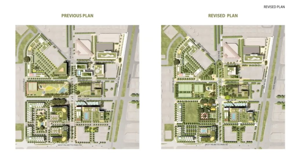 A revised downtown development plan with more green space. (Credit: Terra-Frisbie)