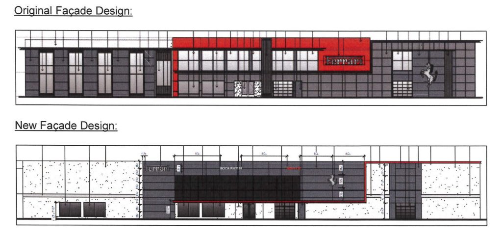 Two variants of the exterior design of a proposed Ferrari car agency in Boca Raton, Sept. 2024. (Planning Document)