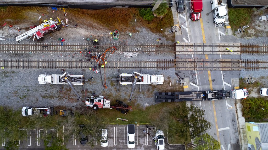 The scene of a colission involving a Brightline train and a Delray Beach Fire-Rescue truck, Dec. 28, 2024. (Photo: Boca Daily News)