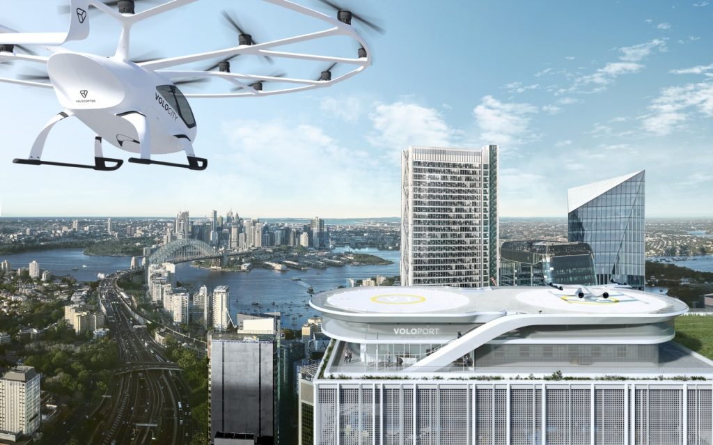 A notional 'vertiport' and electric aircraft. (Courtesy: FAA/Volocopter)