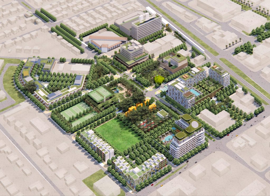 A revised downtown development plan with more green space. (Credit: Terra-Frisbie)