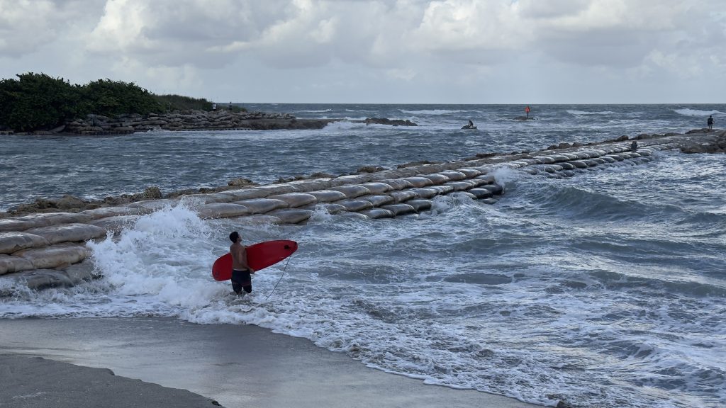 Heavy surf being produced by a tropical disturbance off South Florida, Oct. 2, 2025. (Photo: Boca Daily News)