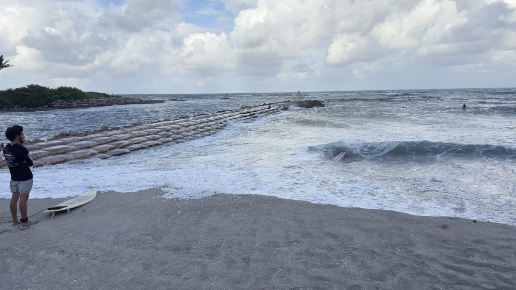 Heavy surf being produced by a tropical disturbance off South Florida, Oct. 2, 2025. (Photo: Boca Daily News)