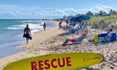 An eroded beach berm in Delray Beach, FL forces sunbathers into a small strip of sand in anticipation of a renourishment project, Oct. 2025. (Photo: Boca Daily News)