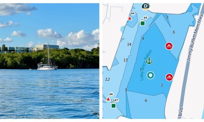 A boat anchored in Lake Wyman (left) and a legal anchorage in Lake Boca. (Photo: Boca Daily News / Chart: Argo Nav)