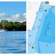 A boat anchored in Lake Wyman (left) and a legal anchorage in Lake Boca. (Photo: Boca Daily News / Chart: Argo Nav)