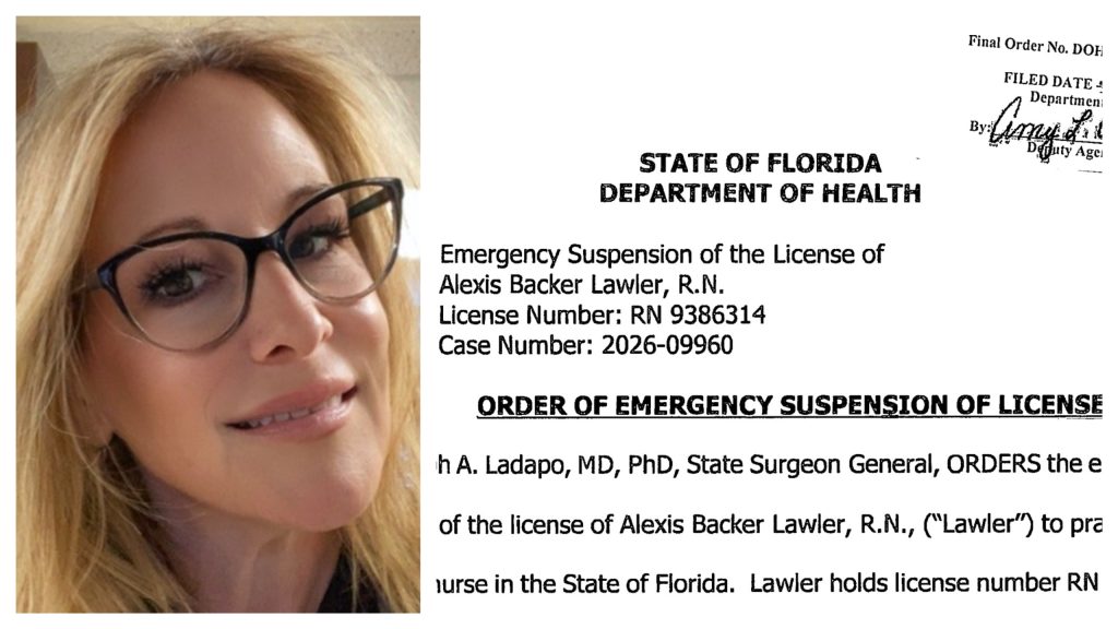 Alexis "Lexie" Backer Lawler (left) and an emergency order suspending her nursing license. (LinkedIn/State of Florida)