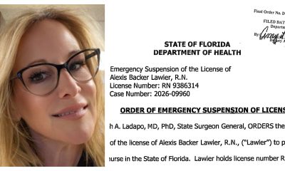 Alexis "Lexie" Backer Lawler (left) and an emergency order suspending her nursing license. (LinkedIn/State of Florida)