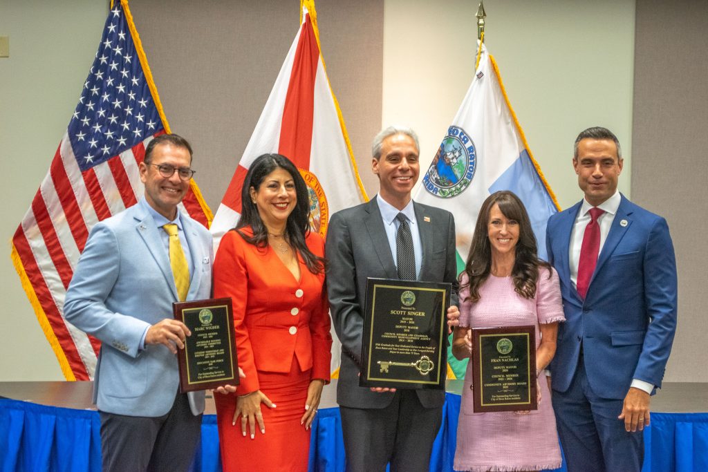 Outgoing council members and Mayor Scott Singer bid farewell after Boca Raton's March 31, 2026 organizational meeting. (Photo: Boca Daily News)
