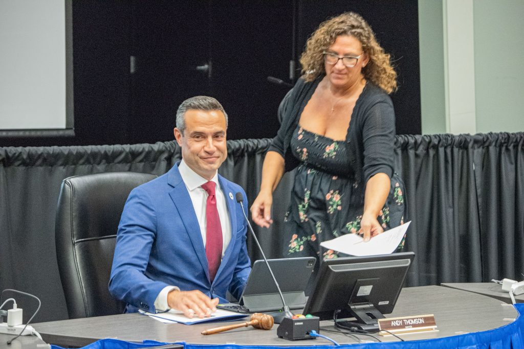 Boca Raton Mayor Andy Thomson takes his seat at the dais, March 31, 2026. (Photo: Boca Daily News)