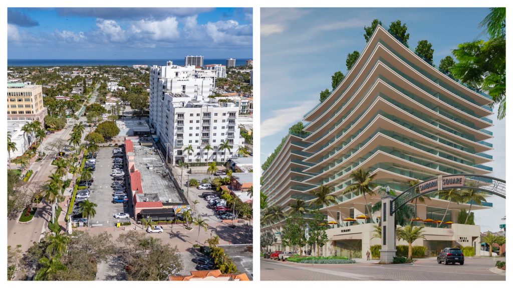 The current layout of Mizner Plaza (left, Boca Daily News Photo) and the proposed hotel and retail space (right, rendering).