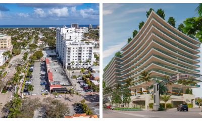 The current layout of Mizner Plaza (left, Boca Daily News Photo) and the proposed hotel and retail space (right, rendering).
