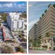 The current layout of Mizner Plaza (left, Boca Daily News Photo) and the proposed hotel and retail space (right, rendering).