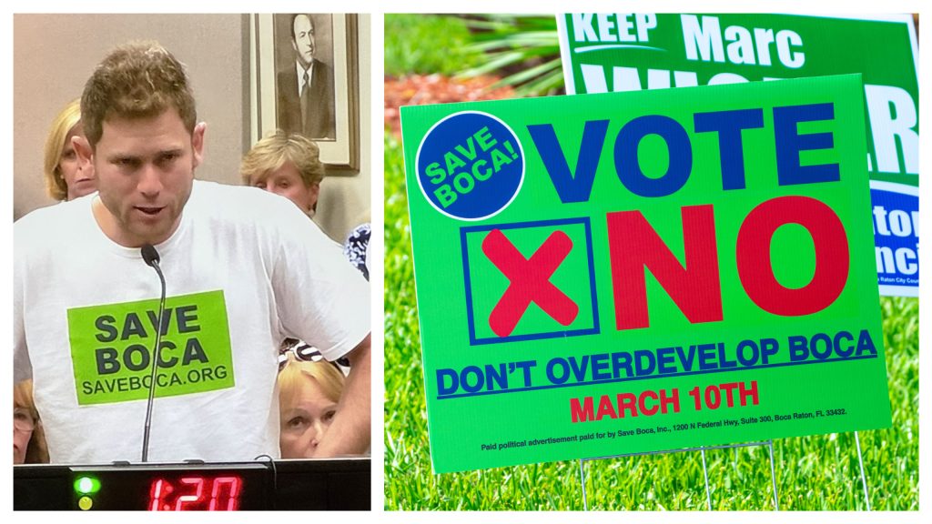 Jon Pearlman (left) and a sign from his 'Save Boca' movement. (Photos: Boca Daily News)