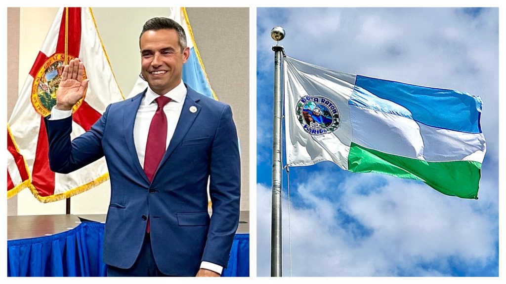 Andy Thomson (left) and the Boca Raton city flag. 