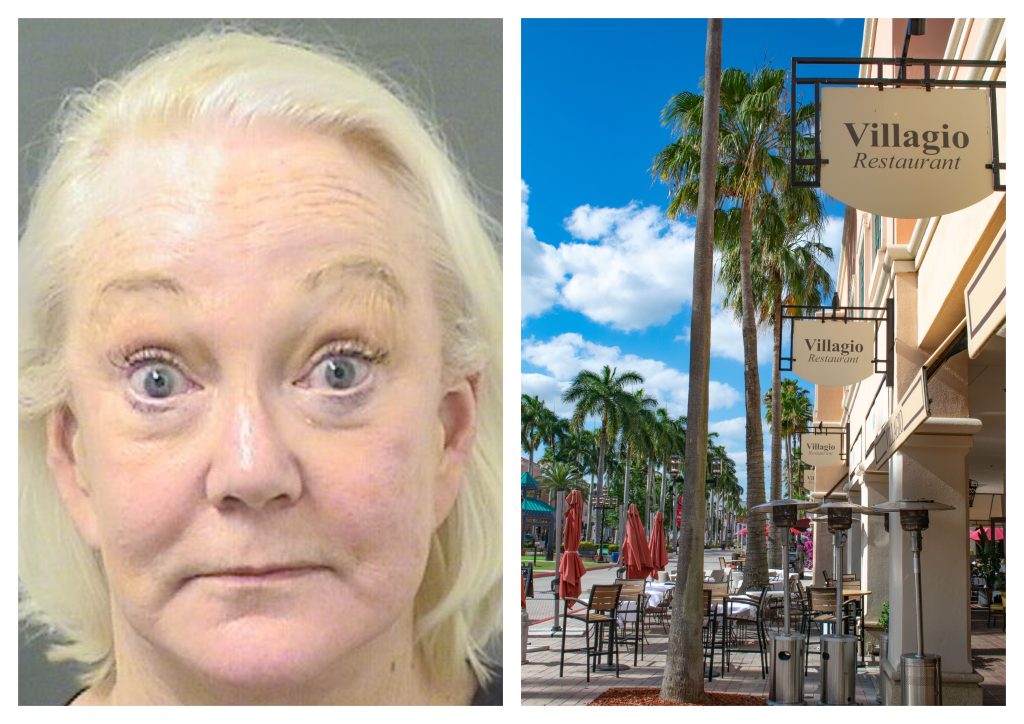 Nancy Simons (left, Palm Beach County Jail photo) and Villagio restaurant (Boca Daily News photo).