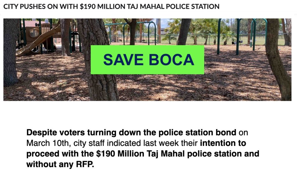 A message sent by the "Save Boca" organization Friday, May 22, 2026.