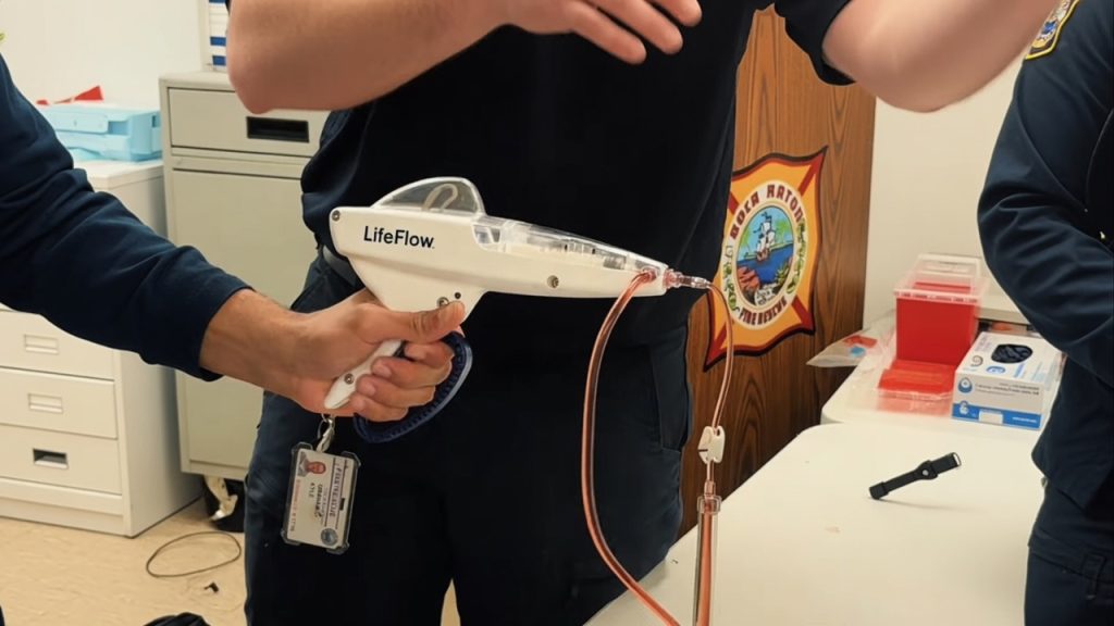 A Boca Raton EMT demonstrates the 'whole blood' administration process. (Photo: City of Boca Raton)